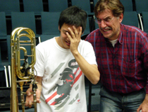Hiro with his broken trombone & Ben @Recording Session